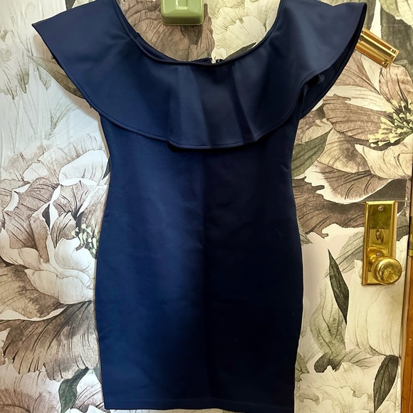 Guess Navy Blue Off-Shoulder Ruffled Dress EUC - Picture 1 of 6